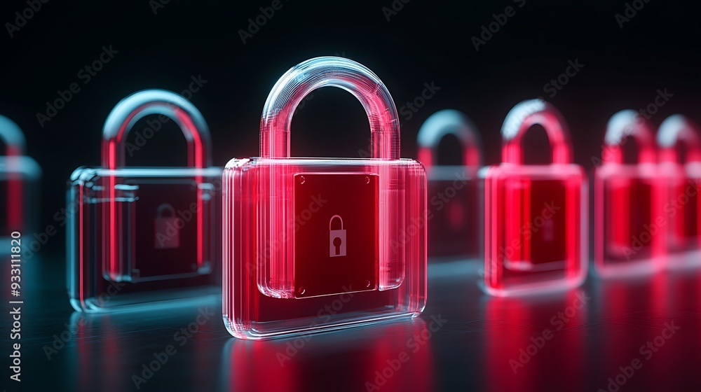 Poster row of glowing futuristic locks in red and blue symbolize cybersecurity and data protection in a dig