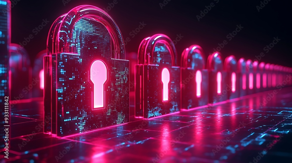 Poster row of glowing red padlocks in a digital space symbolizing cybersecurity, data protection, and onlin