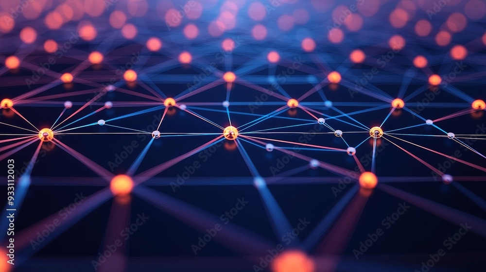 Poster a vibrant digital network showcasing interconnected nodes and glowing paths, perfect for technology 
