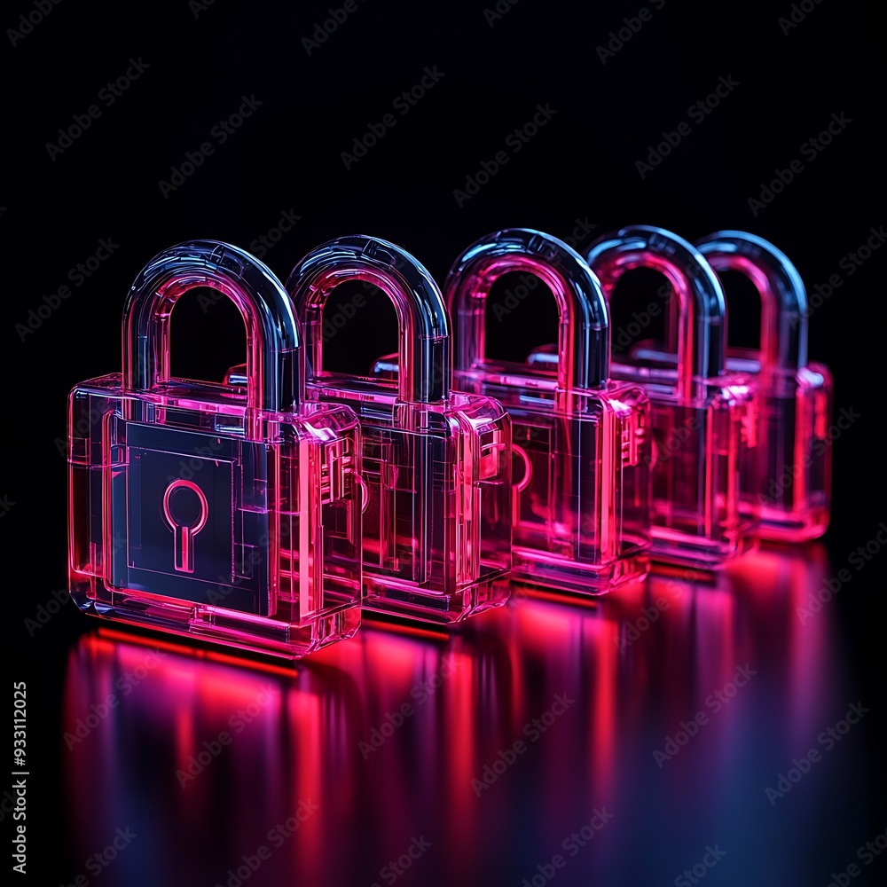 Poster row of transparent neon locks with a dark background, symbolizing cybersecurity and data protection.