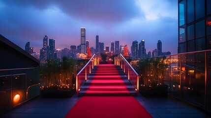Fototapeta premium Red carpet leading up to a rooftop event space, city skyline twinkling in the background, modern glass railings, soft evening light, sophisticated and exclusive mood