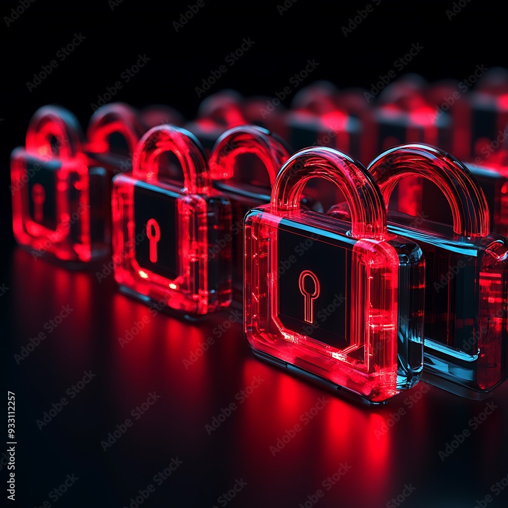 Aufkleber rows of illuminated red padlocks symbolize digital security, encryption, and data protection in a mo