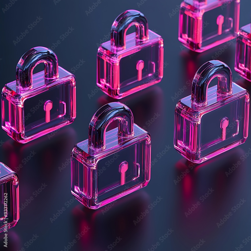 Aufkleber rows of translucent pink padlocks on a dark reflective surface symbolizing security, privacy, and da