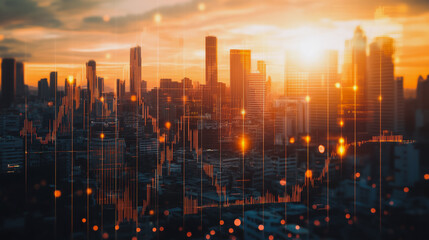 Fototapeta premium Abstract business team stands on the peak of success amid tall, innovative Smart city and graphs with statistics to analyze business potential and predict future developments in company growth.