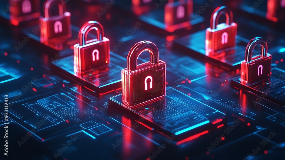Poster secure data storage concept with glowing locks over digital background, representing cybersecurity a