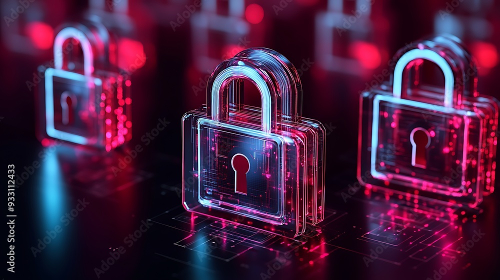Poster secure digital lock concept with glowing red and blue lights, symbolizing cybersecurity and data pro