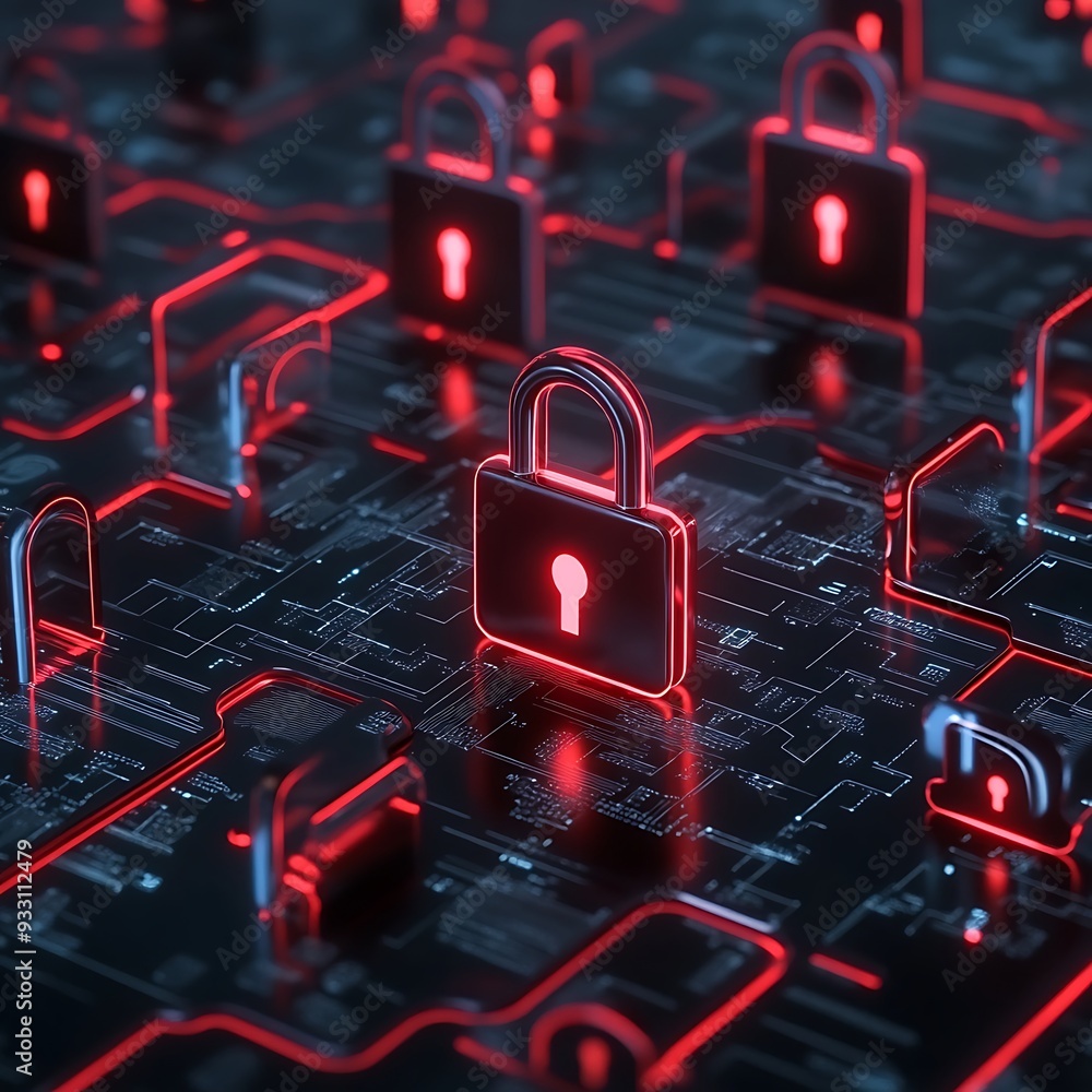 Aufkleber secure digital network with glowing red padlocks symbolizing protection and cybersecurity in a futur