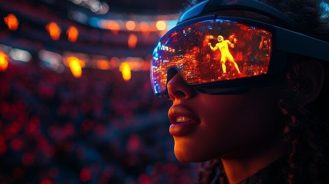 A participant immersed in virtual reality watches an intense gaming competition unfold, surrounded by cheering fans and dynamic lighting.