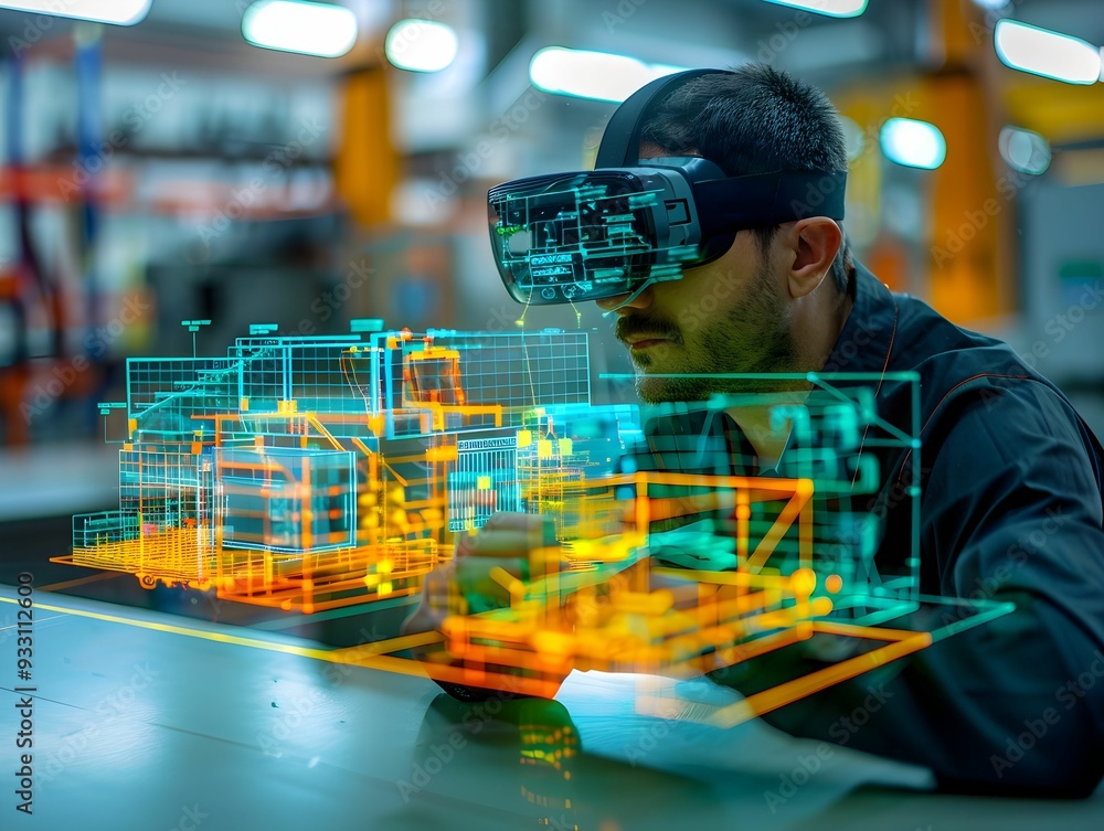 Poster technician using virtual reality to interact with 3d models in a modern manufacturing facility durin