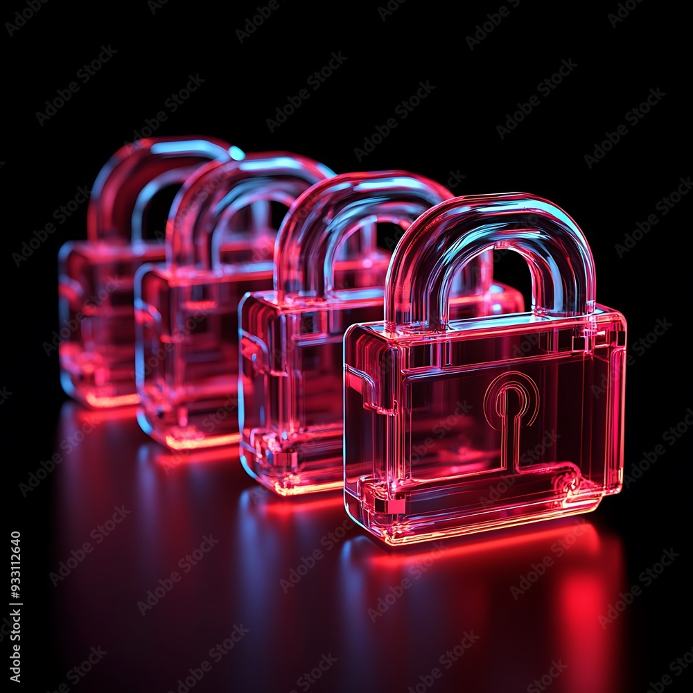 Poster three glowing neon padlocks lined up in a row on a reflective black surface, symbolizing security an