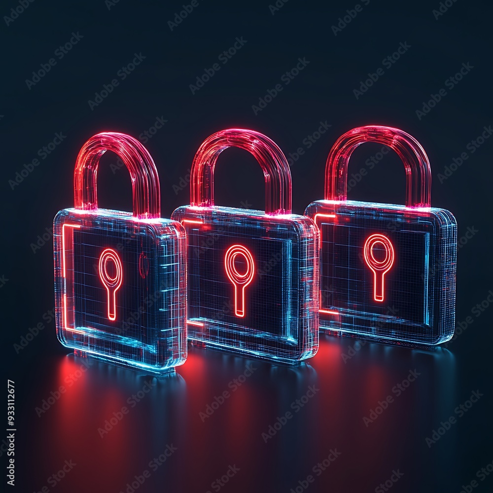 Aufkleber three glowing neon padlocks in a row on a dark background symbolizing cybersecurity and data protect