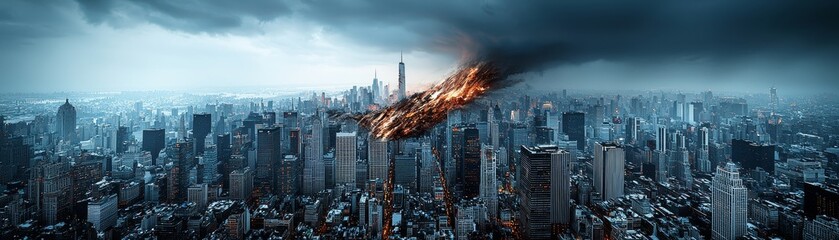 Fototapeta premium An aerial view of a cityscape under dark clouds and flames, depicting a dramatic and intense urban disaster scene.