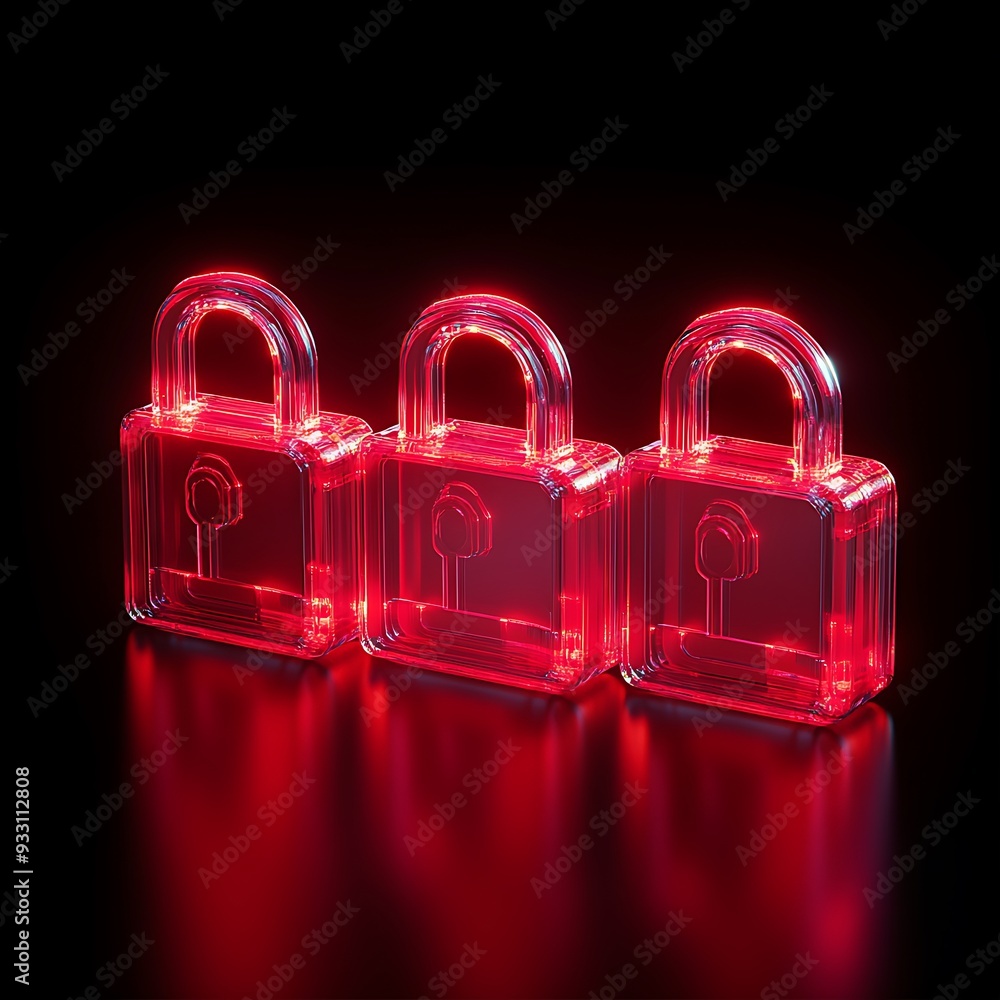 Aufkleber three glowing red padlocks symbolizing security and data protection on a black background, illuminat