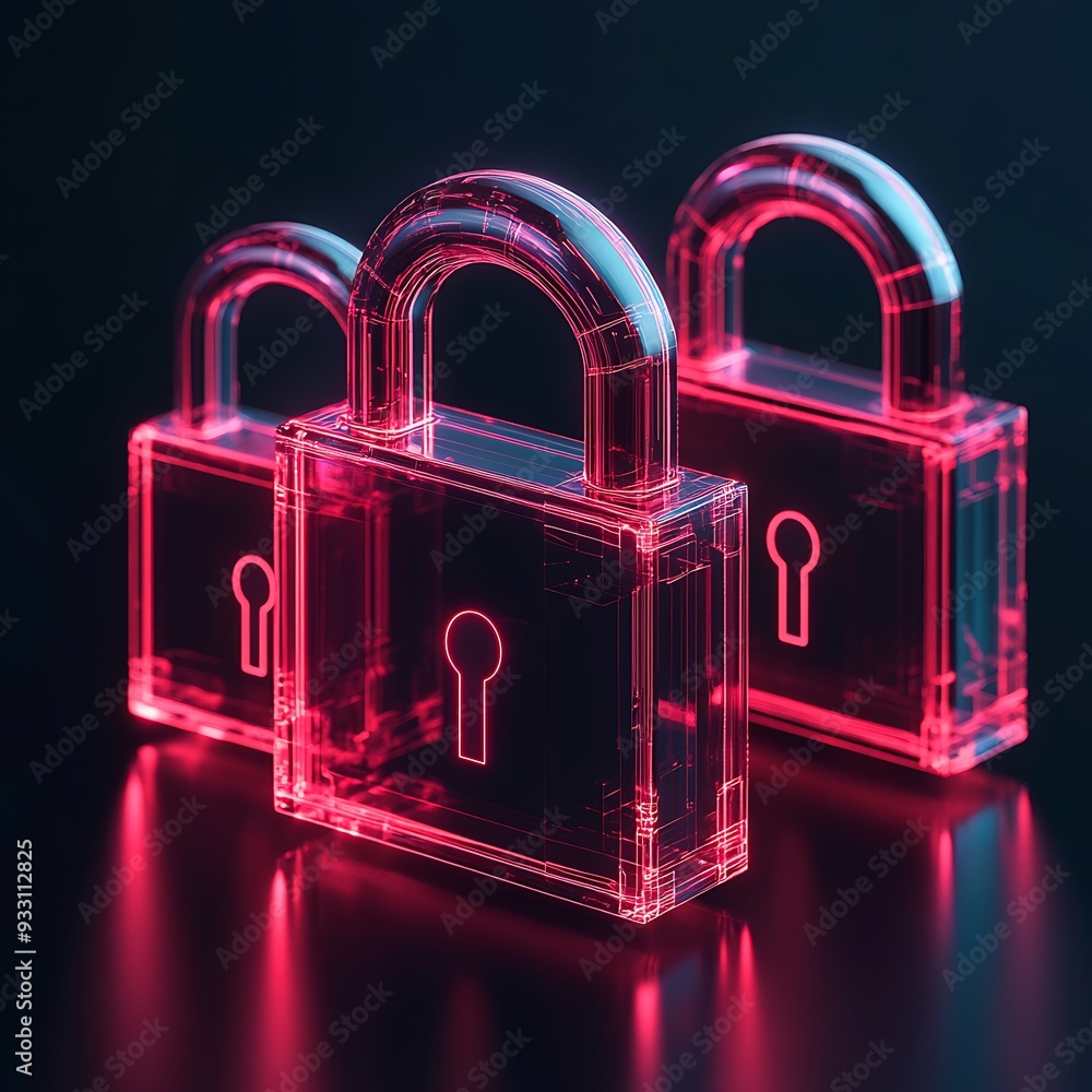 Aufkleber three glowing transparent padlocks representing cybersecurity and data protection on a dark backgrou