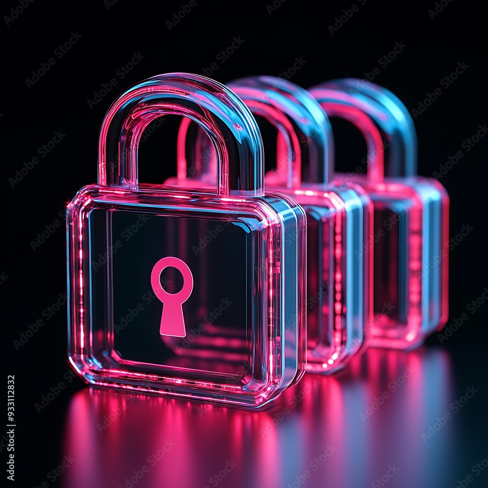 Aufkleber three illuminated neon locks in a row on a dark background, representing digital security and data p