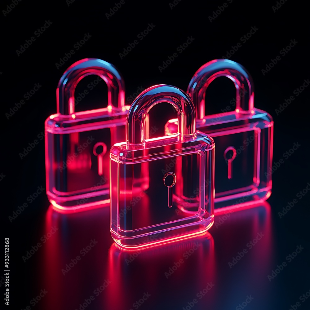 Poster three neon-lit locks symbolize digital security, data protection, and cybersecurity in a futuristic 