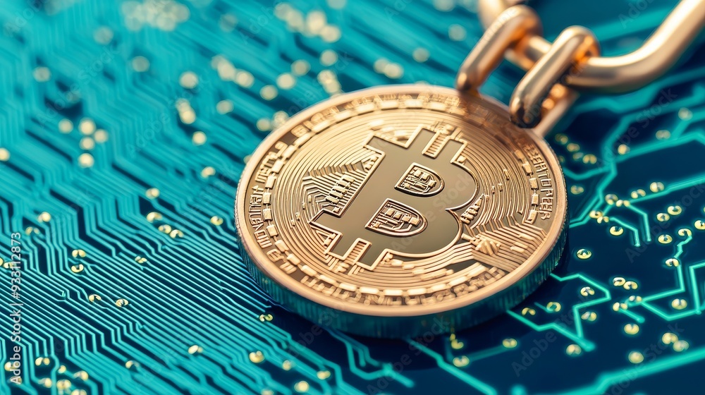 Poster close-up of a bitcoin coin on a digital circuit board, representing the concept of cryptocurrency an