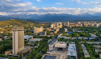 View from a quadcopter of the south-eastern part of the Kazakh city of Almaty in the summer afternoon