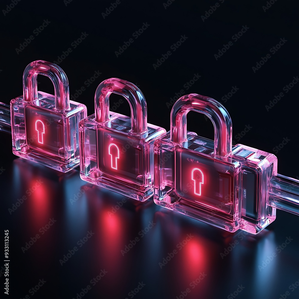 Poster three transparent padlocks with glowing red keyholes symbolize digital security and data protection 