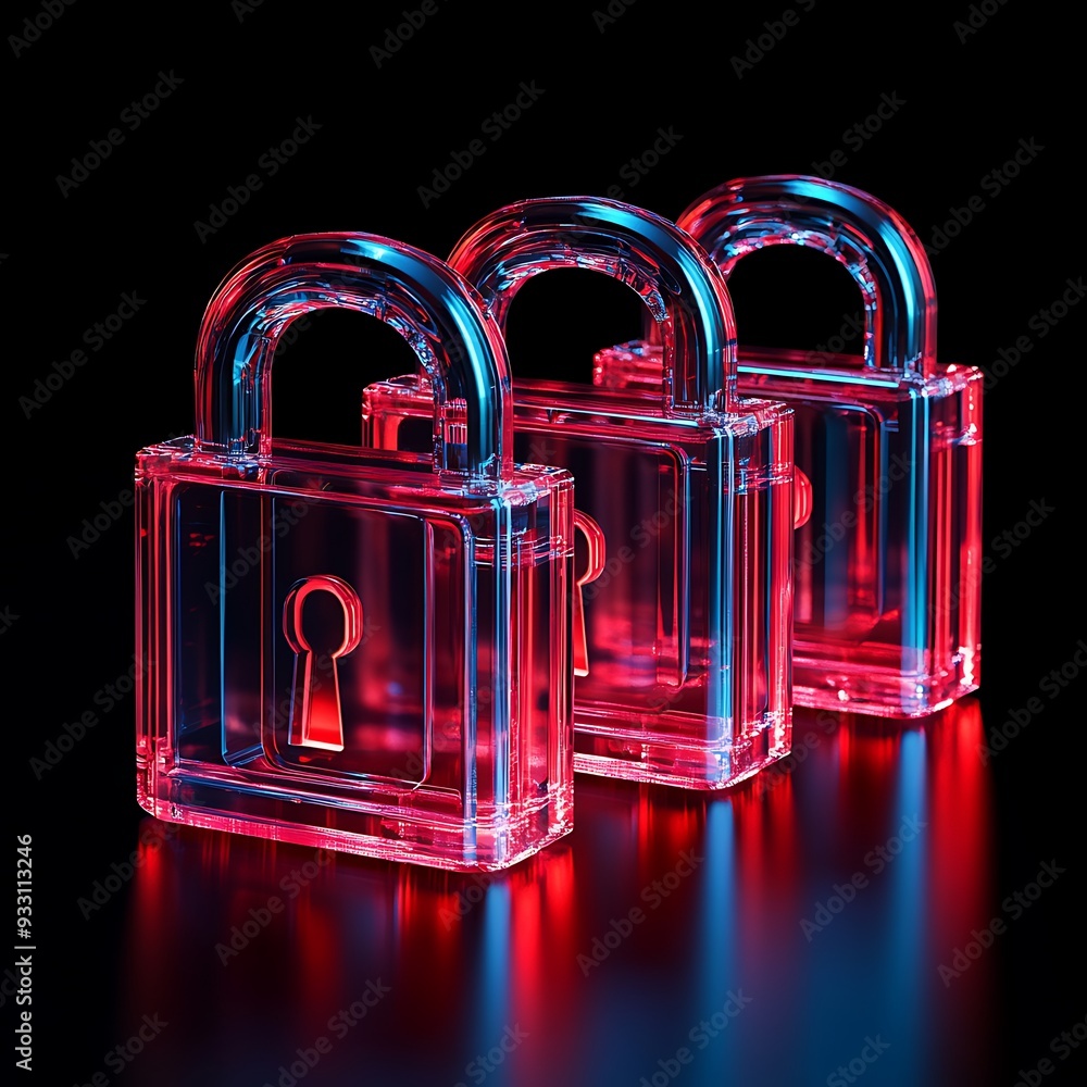 Poster three transparent padlocks in a row on a black background, lit with red and blue neon lights. concep