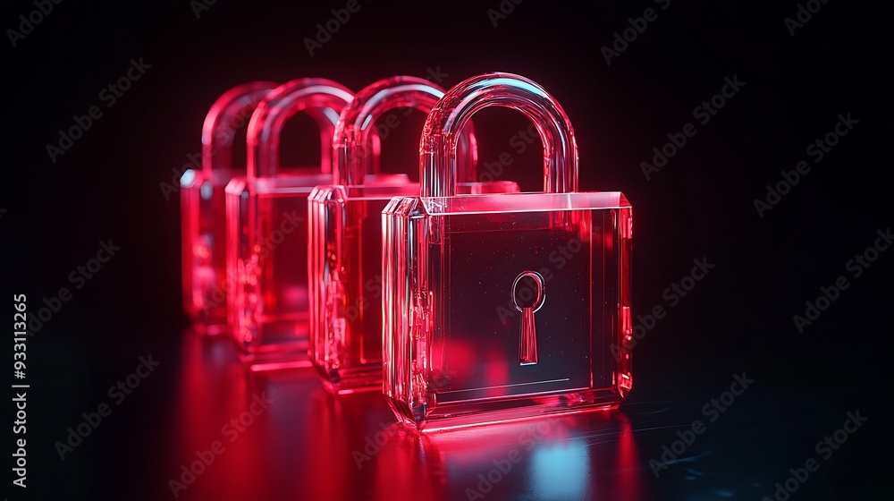 Poster three transparent red locks placed in row on black reflective surface, symbolizing security and prot