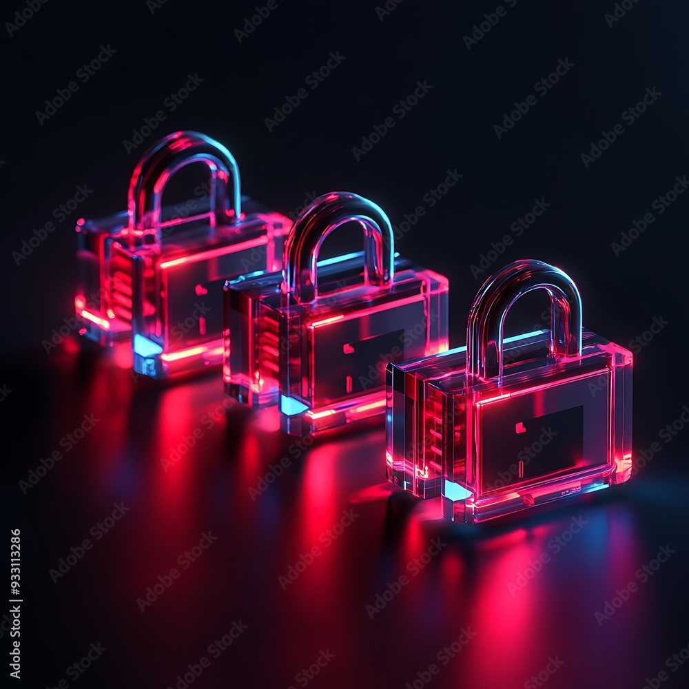 Poster three transparent padlocks with red neon lighting on a dark background, representing security and en