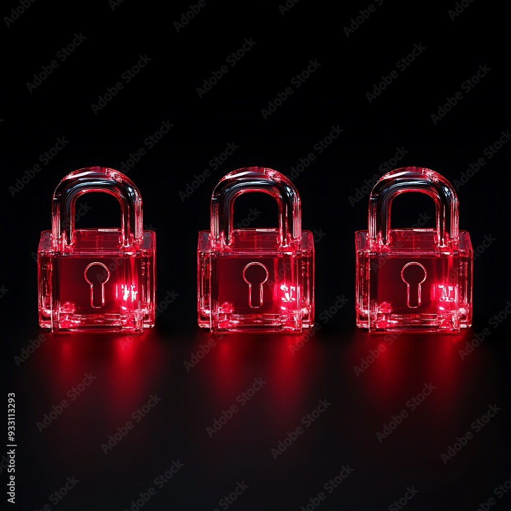 Poster three transparent red padlocks illuminated from within, arranged in a row against a dark background