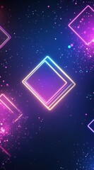 Obraz premium Vibrant neon geometric shapes illuminate dark background with glowing dynamic particles for futuristic and modern digital design