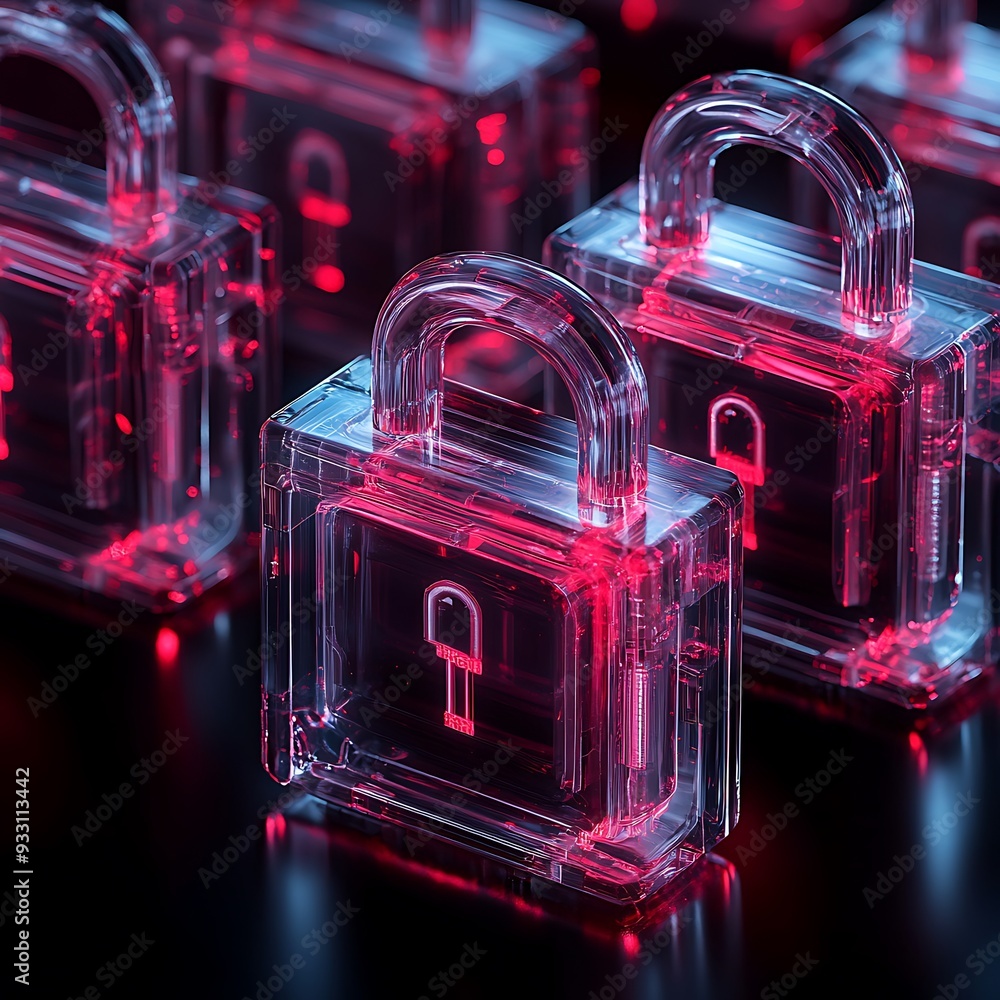 Poster transparent padlocks with glowing red lights symbolizing digital security and data protection on a b