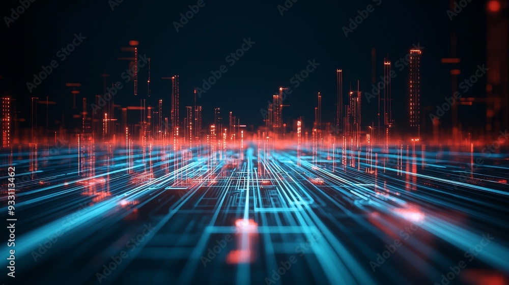 Poster dynamic digital landscape with vibrant blue and red lines representing technology and data flow in a