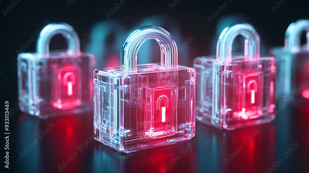 Aufkleber transparent padlocks with glowing red keys representing cybersecurity and data protection on a dark 