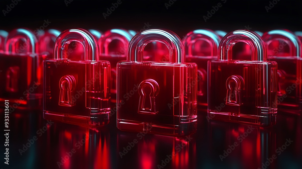 Poster vibrant red translucent padlocks arranged in a row on a dark background, illuminated with blue and r