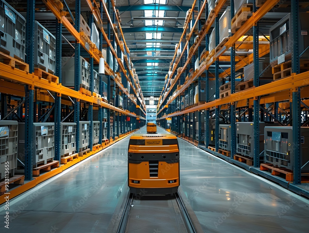 Poster automated delivery vehicle navigating through a modern warehouse stacked with shelves of containers
