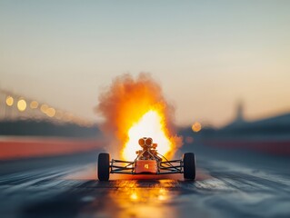 Dynamic shot of a miniature race car engulfed in flames on a racetrack, capturing the thrill of speed and energy at sunset.
