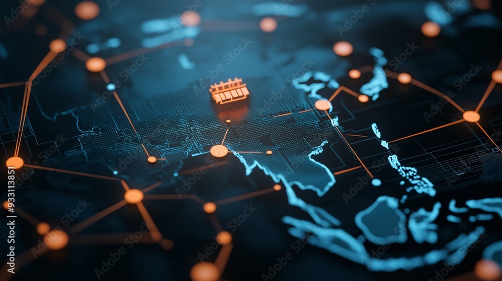 Poster global network: a miniature computer chip sits atop a digital map of asia, symbolizing the interconn