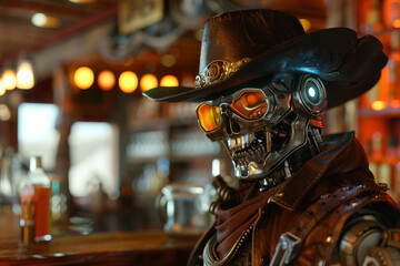 Fototapeta premium Robot cyborg humanoid helper in activities of daily life routine living with people, Generative AI