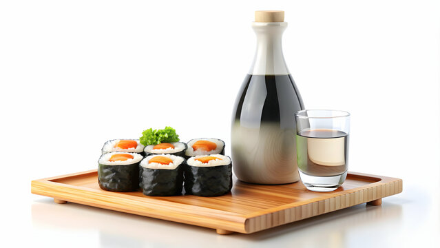 3d Flat icon as Sushi roll and a sake bottle symbolizing Japanese dining with ample space for text. concept as A sushi roll and a sake bottle representing the flavors and culture of Japanese dining in