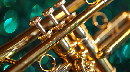 close-up of a gold-colored trumpet with shiny valves