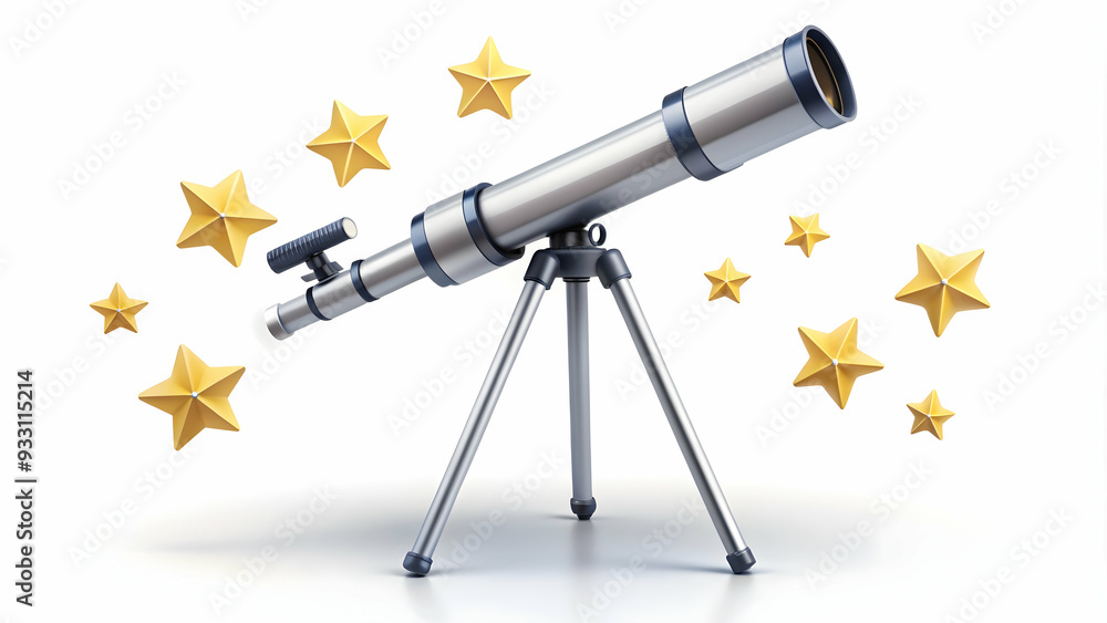 Aufkleber 3d flat icon as telescope and stars symbolizing observation and discovery with ample space for text.