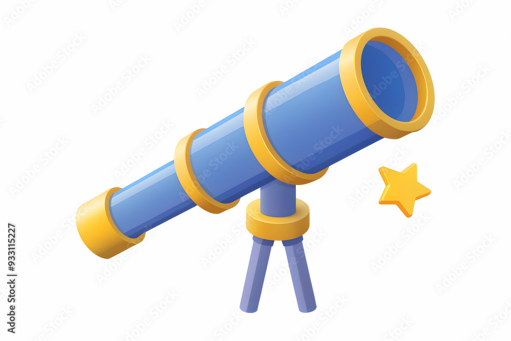 Poster 3d flat icon as telescope and stars symbolizing observation and discovery with ample space for text.