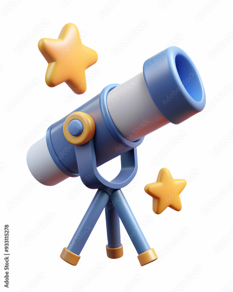 Poster 3d flat icon as telescope and stars symbolizing observation and discovery with ample space for text.