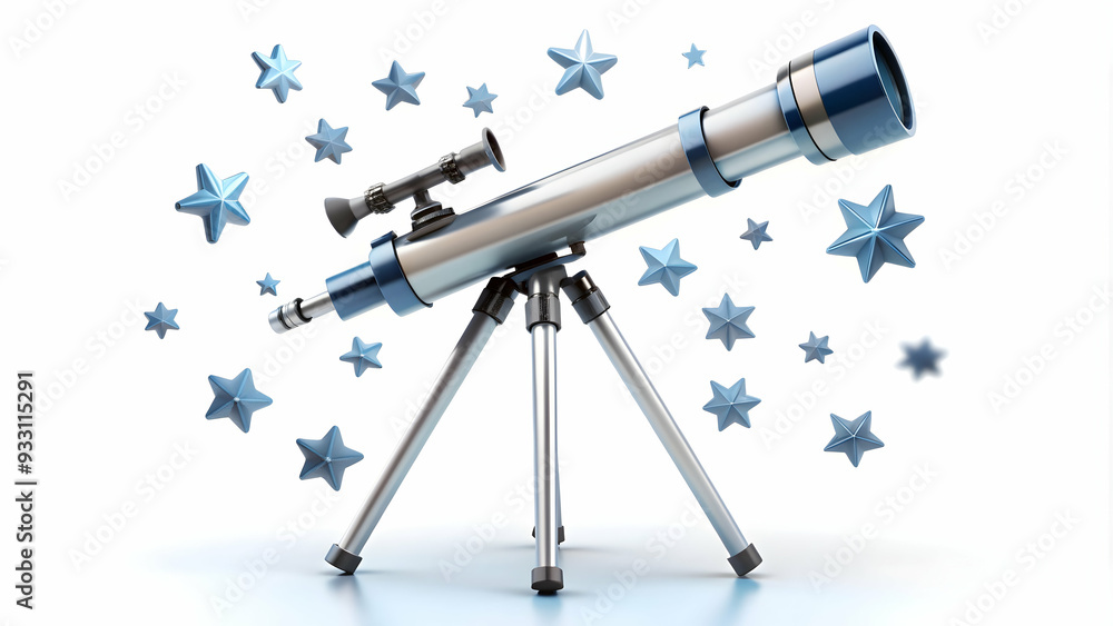 Aufkleber 3d flat icon as telescope and stars symbolizing observation and discovery with ample space for text.