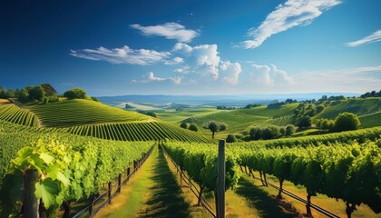 Fototapeta premium Lush green vineyards under a clear blue sky.