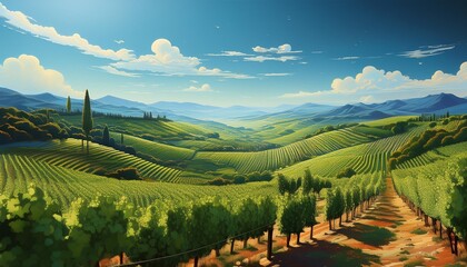 Fototapeta premium Lush green vineyards under a clear blue sky.