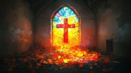 Eerie Abandoned Church with Shattered Stained Glass in Watercolor Style, Overgrown with Creeping Vines