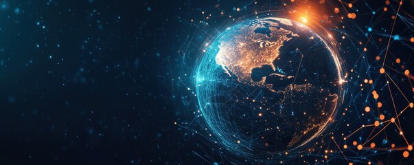 Obraz premium Global digital connectivity illustration featuring Earth with glowing network on dark blue background, symbolizing communication and technology
