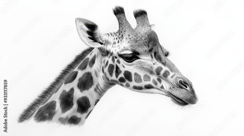 Wall mural  A black-and-white image of a giraffe's head and long neck