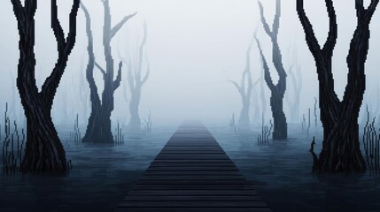 Obraz premium A pixel art swamp with murky waters, twisted trees, and a small cabin on stilts