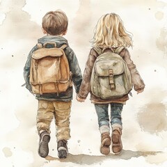 Fototapeta premium Nostalgic Walk of Two Kids with Backpacks