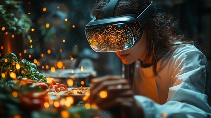A person wearing VR glasses interacts with ingredients in a kitchen, exploring a virtual culinary experience as evening light filters through.
